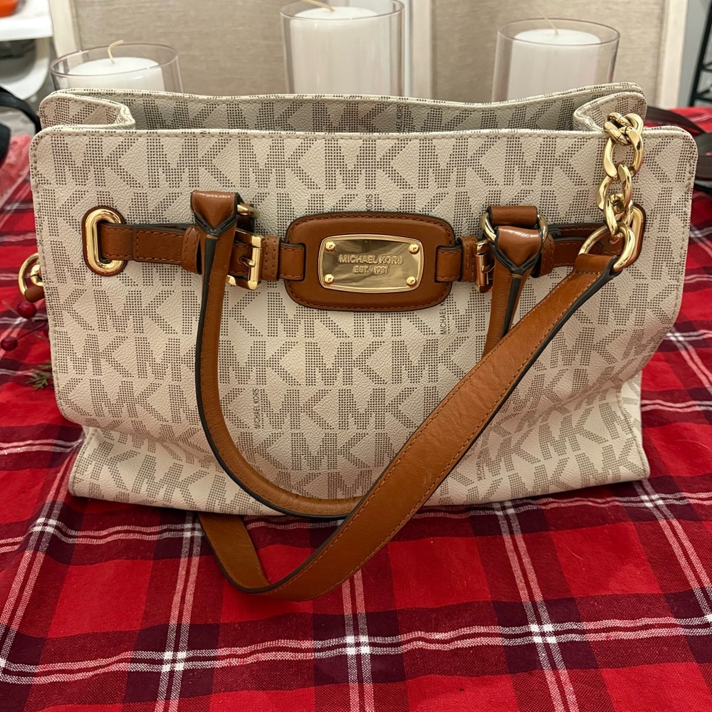 Michael Kors Cream and Brown Shoulder Bag
